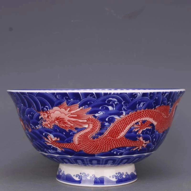 

Цианлонг династии Цин, синий и белый цвет, двойной дракон, чаша с рисунком 6 дюймов, антикварное ремесло, фарфор, домашняя посуда, украшения, а...