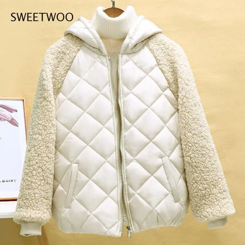 Thin Light Down Cotton Jacket Female Short Coat Autumn Winter Women's 2022 Hooded Loose Imitation Lamb Wool Cotton Jacket Tide