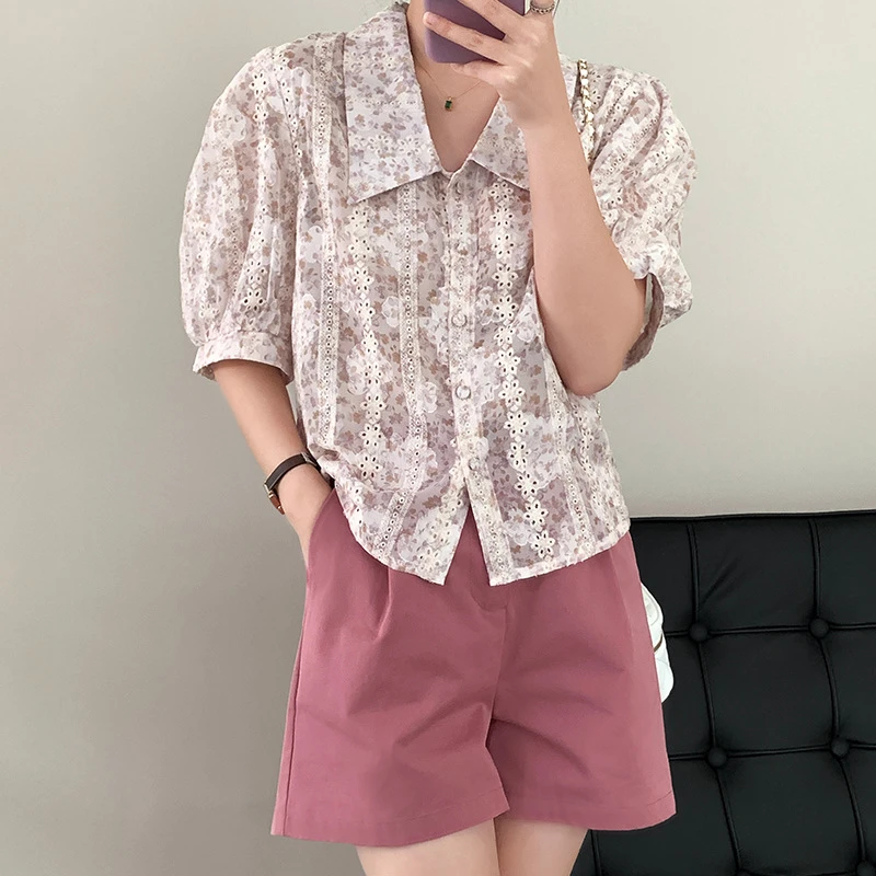

Summer Button Up Shirt Elegant Sweet Floral Hollow Out Casual Chiffon Shirts Women Short Puff Sleeve Blouses Girls Tops 2 Colors
