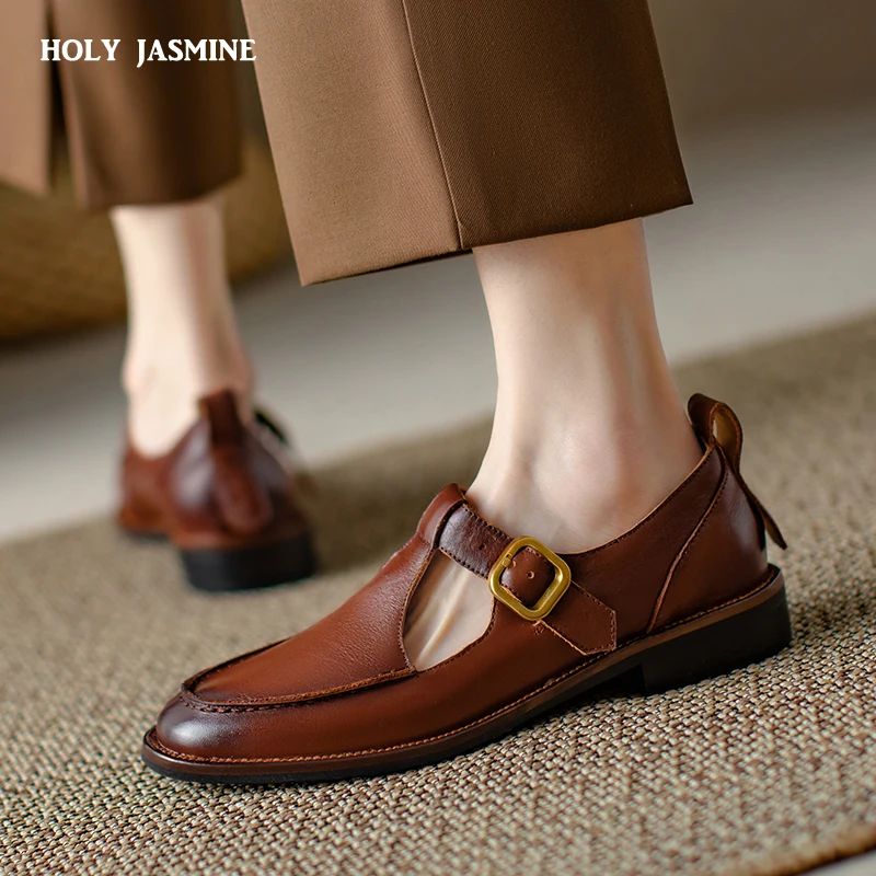 

2023 New Women Pumps Vintage Concise T-Strap Genuine Leather Square Toe Thick Heels Shoes Woman Spring Summer Office Ladies