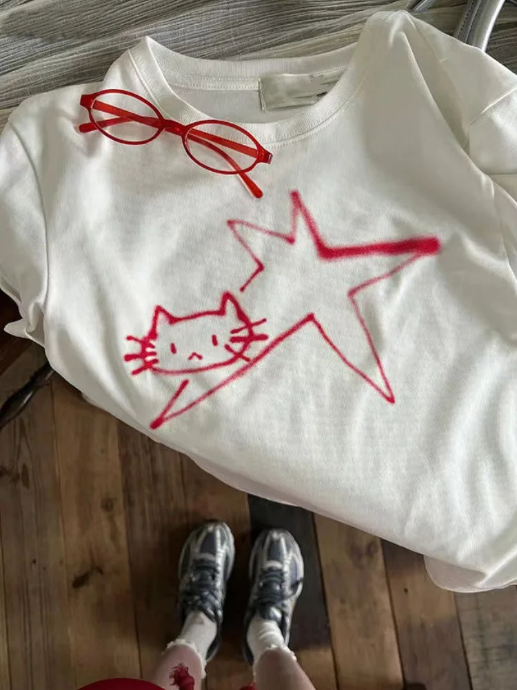

2023 Summer Cat Star Print All Match Casual Harajuku T-shirts Fashion Tops Women Grunge Short Sleeve Y2k Aesthetic Loose Tees