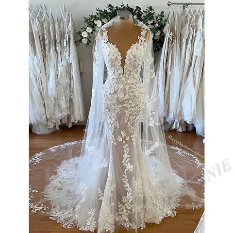 Trumpet Wedding Dresses for Women 2023 Bride Tulle Lace Appliques V-neck Bridal Gowns Sleeveless Custom Made Vestidos De Novia