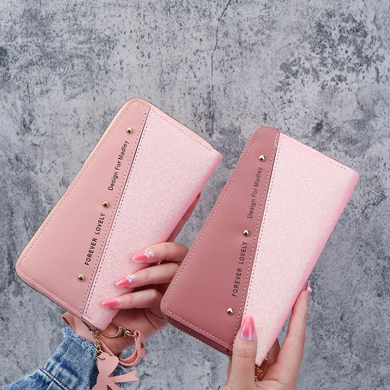 Fashion Women Sequin Patchwork Glitter Wallet Female Pu Leather Long Coin Purses Ladies Multifunction Wristband Clutch Phone Bag