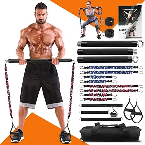 

Portable Home Gym Resistance Band Bar Set with 8 Anti-Break Stackable Resistance Bands,Detachable 500LBS 2 in 1 Pilates Bar with