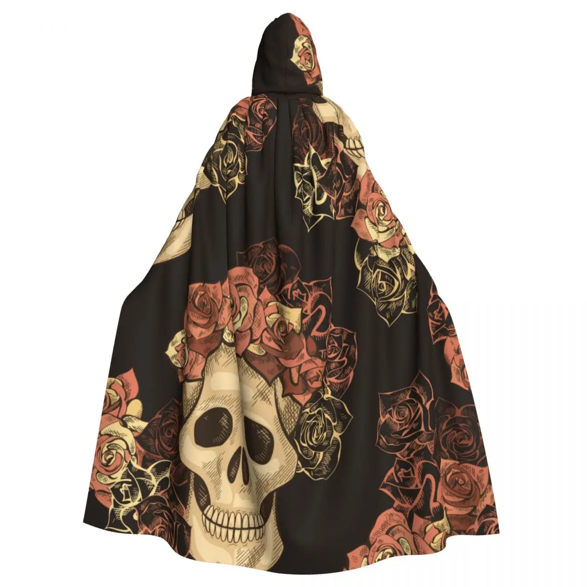 

Vintage Day Of The Dead Roses And Skull Hooded Cloak Polyester Unisex Witch Cape Costume Accessory