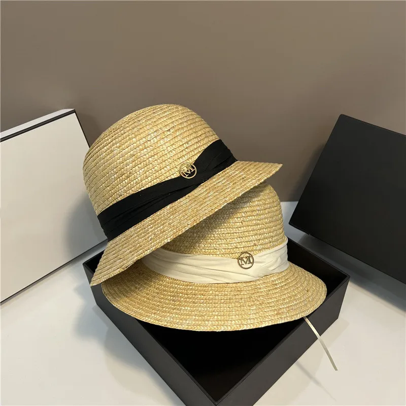 

Fashion Trend Dome Straw Straw Hat High Quality British Feng Shui Bucket Hat Elegant Women's Summer Outdoor Beach Sun Hat YF0650