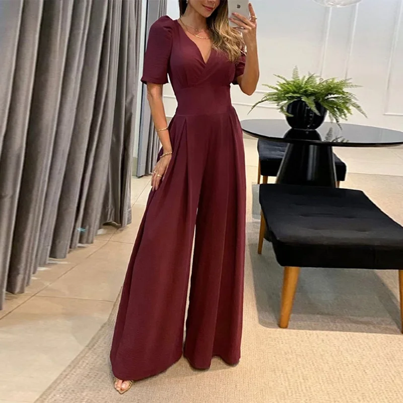 Fulkio Women Jumpsuit Short Lace Up High Waist Bubble Sleeve V Neck   Loose Wide Legs Casual Pants Purity Romper High Streetwear