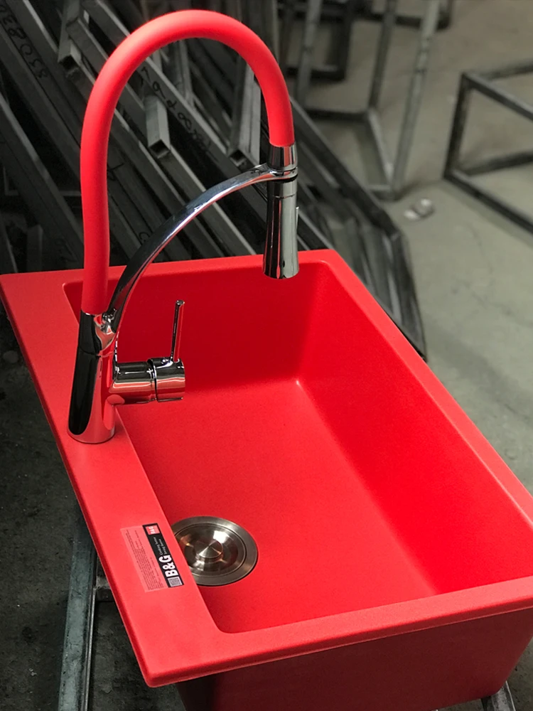 

Red Quartz Sink Color Pool Kitchen with Refined Copper Pullout Faucet Washing Basin Sets