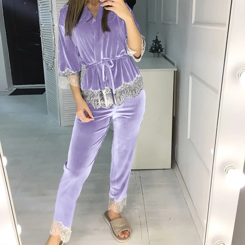 Designer Luxury Pyjamas Women Two Piece Set Lace Velvet Sleepwear Loungewear Winter Pjs Women Set