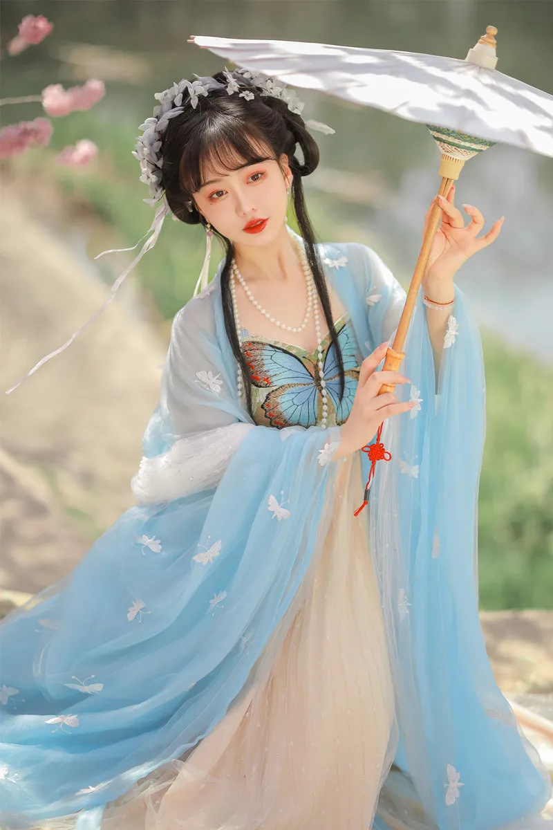 Женская летняя рубашка с длинным рукавом голубая юбка в стиле ханьфу весна-лето