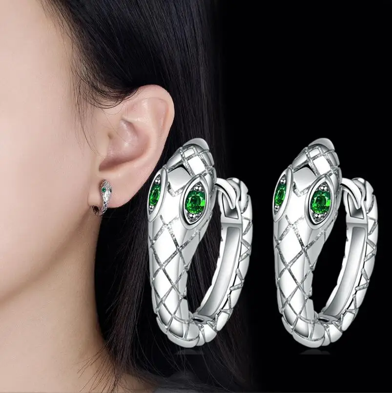

925 Sterling Silver Snake Ear Buckles Green Zircon Hoop Earrings for Women Birthday Party Fine Jewelry Gift BSE792