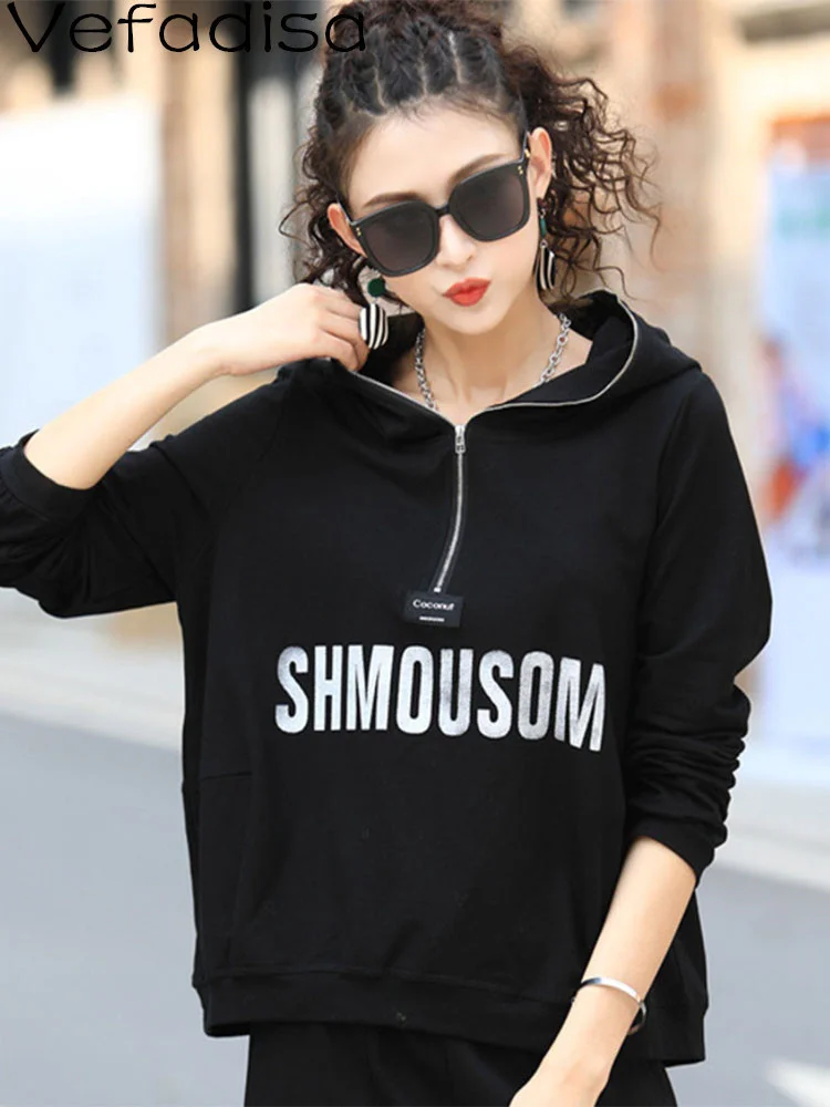 

Vefadisa Half Zipper Hooded Sweatshirt Women Loose Letter Printing Age Reduction Long Sleeves Sweatshirt 2023 Autumn LHX1457