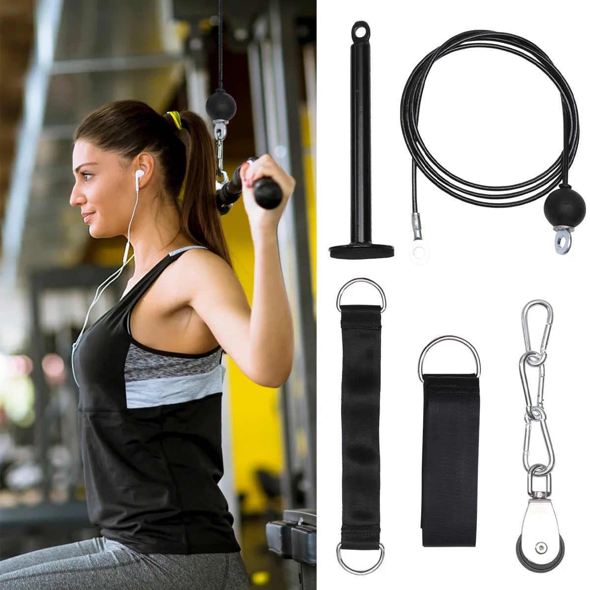 

Pulley Cable System Gym Fitness Straight Bar Forearm Wrist Roller Trainer for LAT Pulldowns Bicep Curls Fitness Workout