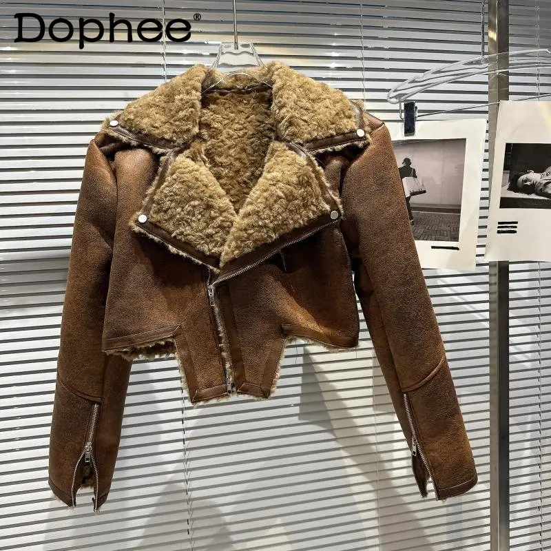 

2022 Winter New Collection Lambswool Faux Leather Turn Down Collar Brown Pu Jacket Women