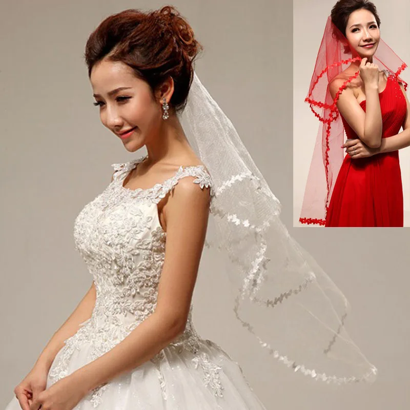 

Bridal Wedding Party 1.5 M Single Layer Leaf Lace Small Veil White/Red
