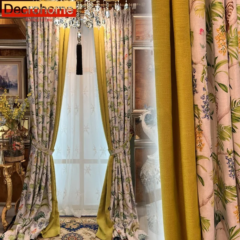 

Pastoral Cotton and Linen Printing Thickened Shading Curtains for Living Room French Window Customized Embroidered Window Screen
