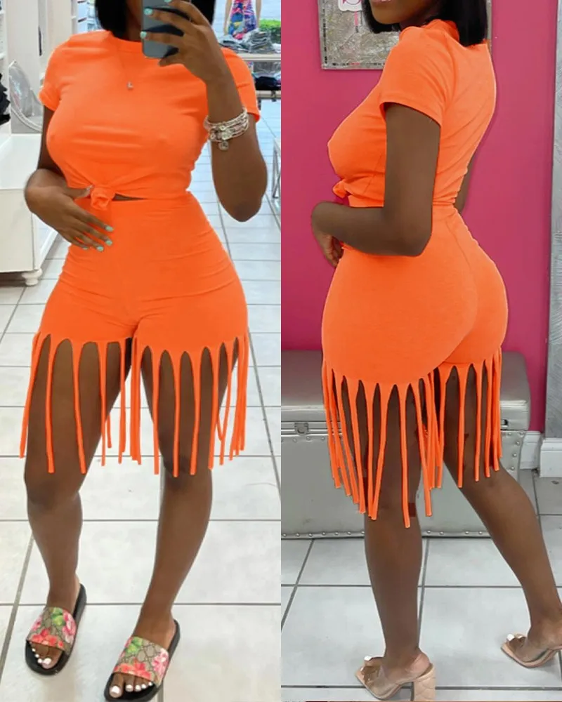 

Plain Casual Top & Tassel Trim Shorts Set Women 2pcs Clothes Suit Solid Color Short Sleeve T Shirt Top High Waist Shorts Pants