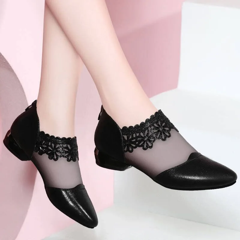 Fashion Comfortable Summer Soft Bottom Women Flat Shoes Mesh Pointed Toe Breathable Ladies Flats Zipper Rubber Mother Flat Shoes