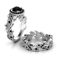 new vintage 2pcs sets floral leaf engagement rings for women pink black cz stone inlay fashion jewelry wedding party gift ring