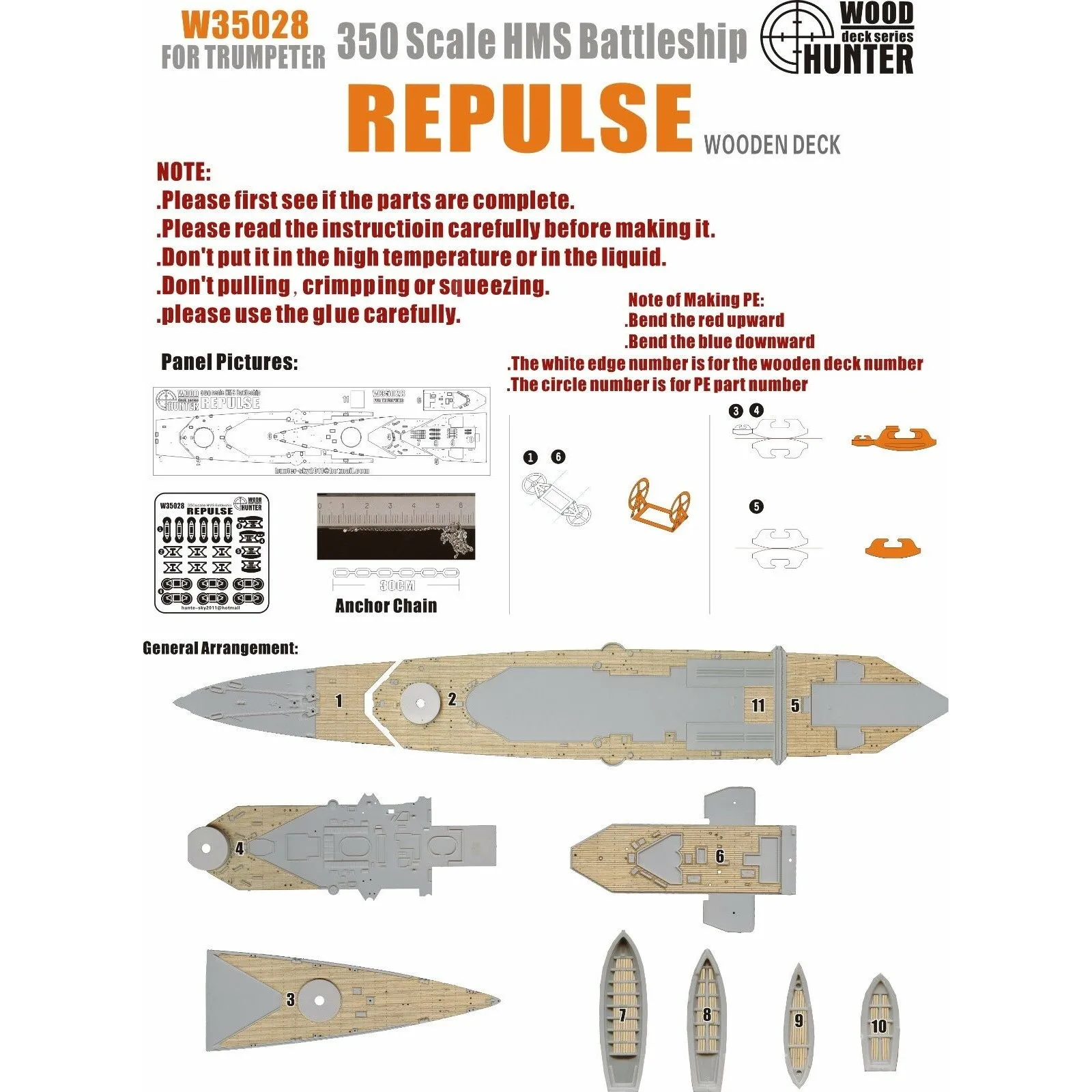 Hunter W35028 1/350 деревянная колода HMS REPULSE для TRUMPETER 05312
