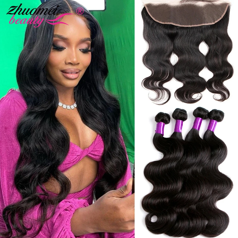Zhuomei Beauty Body Wave 3 Bundles With Frontal 13X4 HD Transparent Lace Frontal Closure With Bundles Hair Extensions For Women