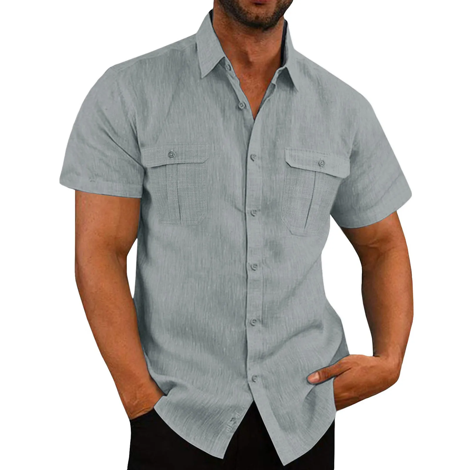 

Male Casual Solid Top Shirt Double Pocket Short Sleeve Elegant Turn-Down Collar Shirt Button Formal Shirt Slim Fit Shirt