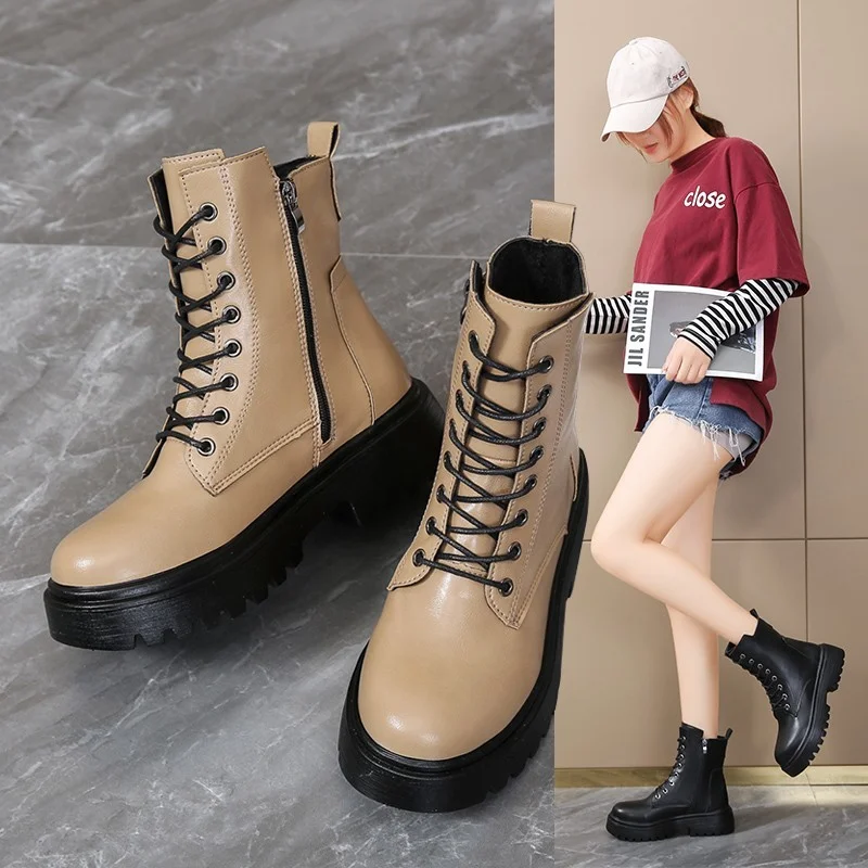 

Women's Boots Lace-up Platform Ankle Boots Women Fashion Black Boots Plus Velvet Warm Snow Boots Winter Short Boots Women