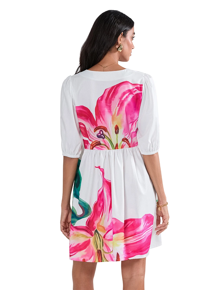 Женское летнее платье-трапеция с цветочным принтом коротким рукавом-фонариком