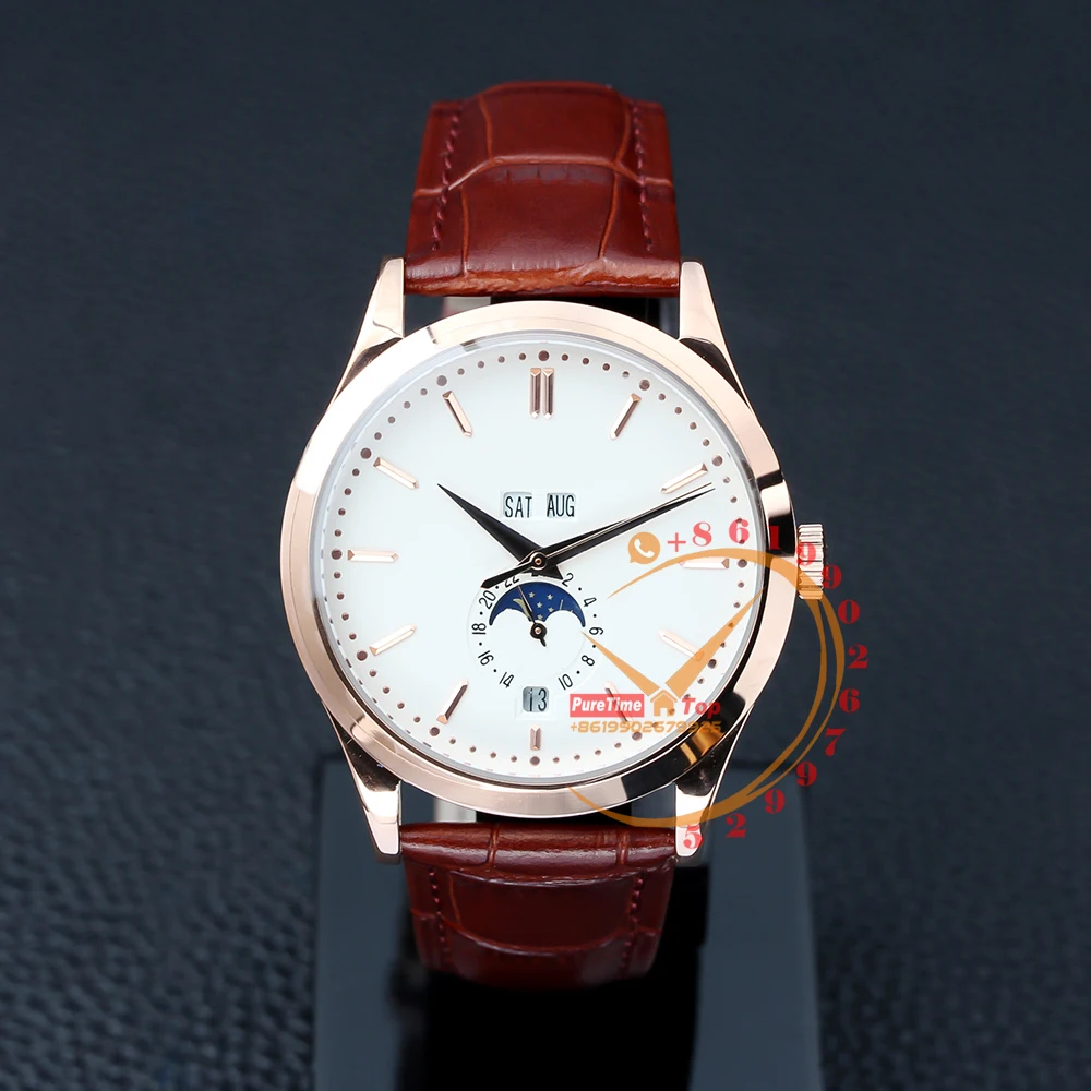 

5396R Annual Calendar Complicated Automatic Mens Watch Moon Phase Rose Gold White Dial Brown Leather Clone 2023 Top Brand Luxury