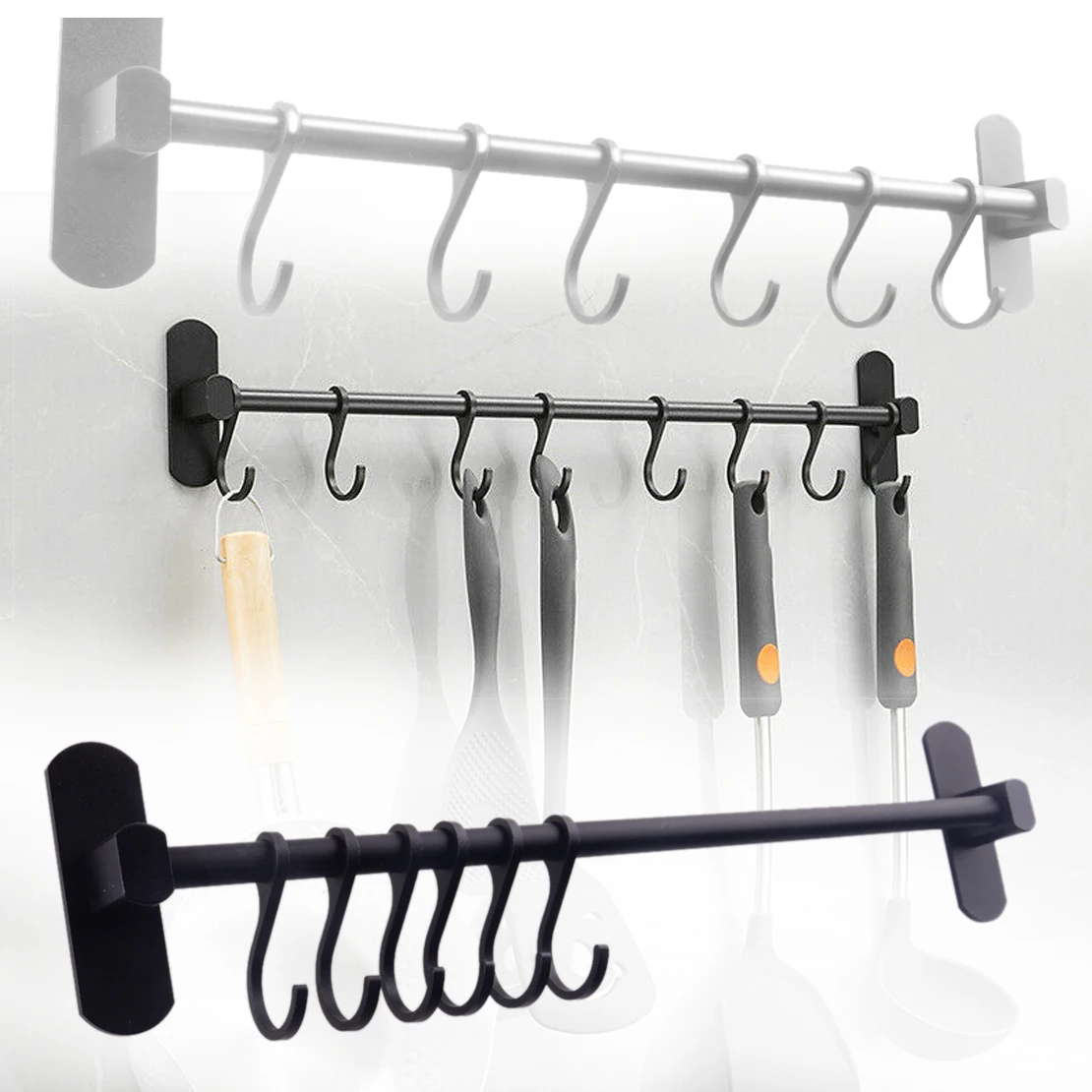 

New Space Aluminum Kitchen Bathroom Rail Wall Mounted Utensil Holder Storage Hanging Rack 6 Hooks 40cm Length