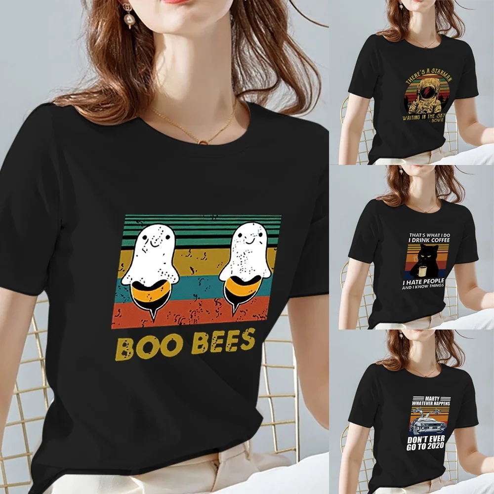 

T Shirts Women 2022 Black Classic All-match Ladies Tops O-Neck Fashion Pew Pattern Series Short Sleeve Tee Women's Clothing