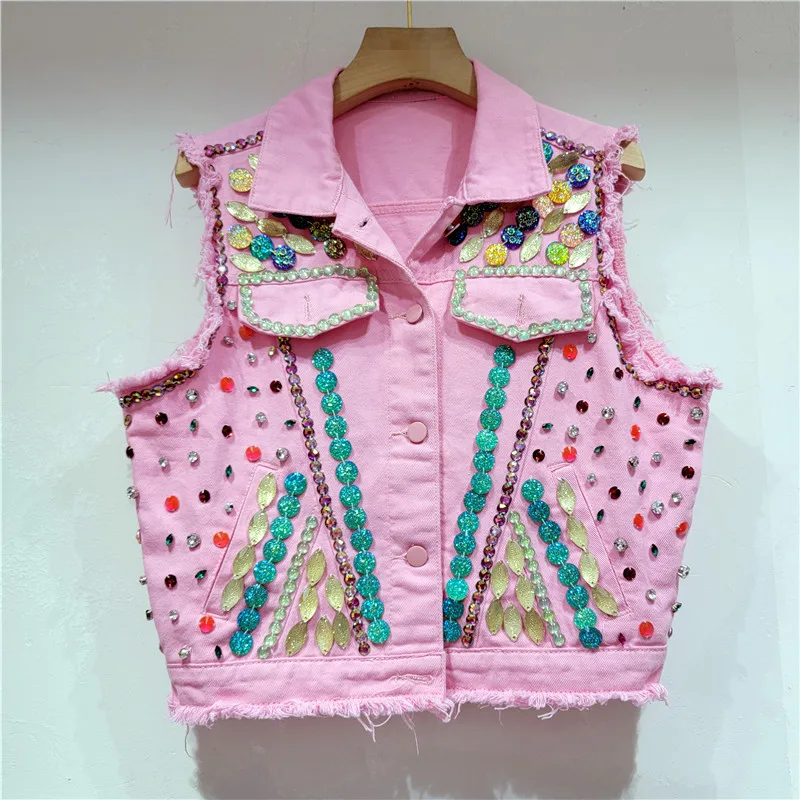 2022 Summer New Color Diamonds Denim Coats Heavy Industry Pink Jean Vest Jacket Outwear Woman Loose Waistcoat Girls Loose Coat