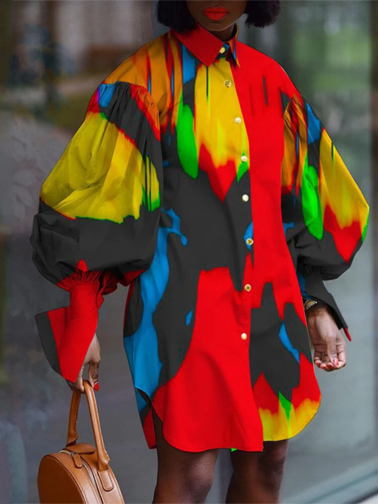 

2022 Women Printed Shirt Dress Puffy Sleeve Oversized Casual Loose Long Shirts Big Size 4XL 5XL Fashion Street Wear Y2K Dresses