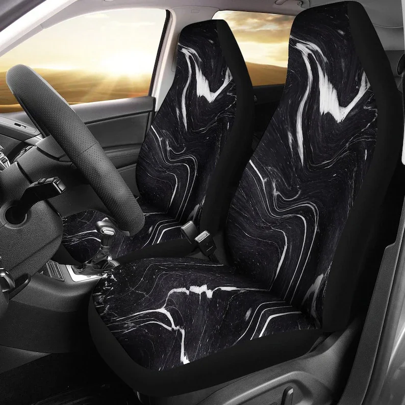 

Black White Marble Swirls Car Seat Covers Pair, 2 Front Seat Covers, Car Seat Protector, Car Accessories