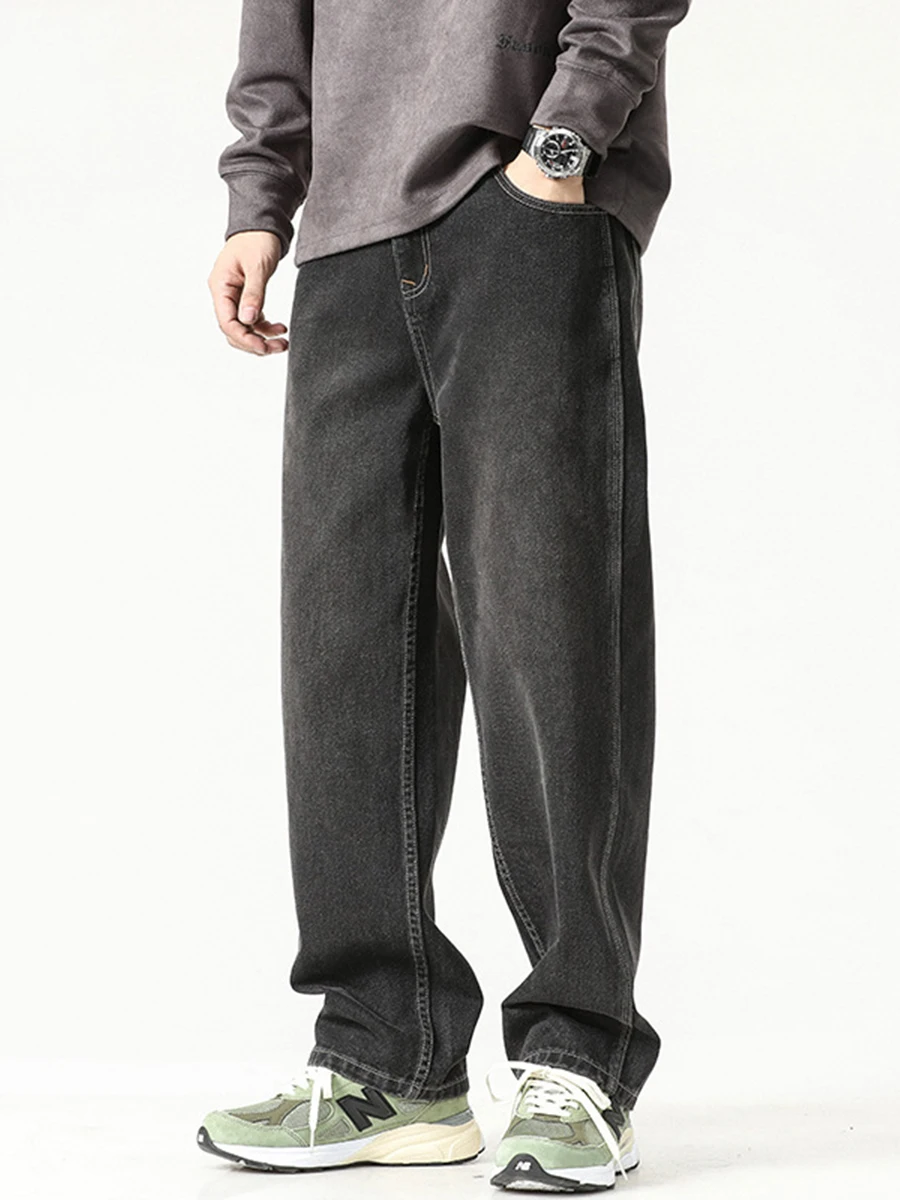 Four Seasons American Loose Straight Jeans Men's Trend Black Casual Wide Leg Pants Y2K Men Jeans Fashion Streetwear Men's JEANS