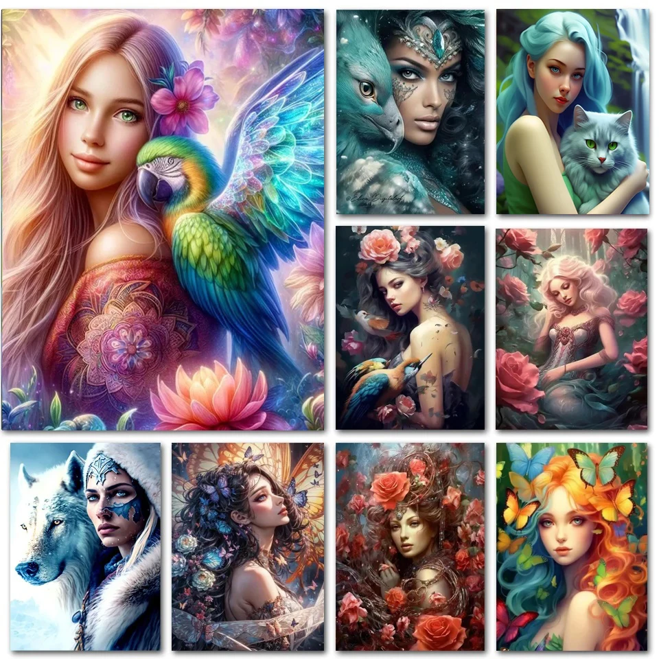 Алмазная живопись сделай сам красивая девушка и кошка попугай волк Бабочка