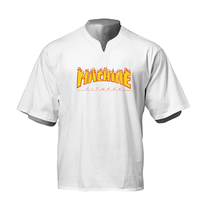 

Korean Fashion V-neck Large Size Summer Men's Bodybuilding Fitness Fashion Breathable Cotton Printed T-shirt Plus Size