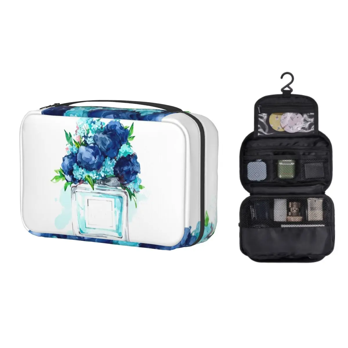 

Perfume Bottle Makeup Bag Travel Cosmetic Organizer Watercolor Painting Hand Painted With Blue Flowers Hanging Toiletry Bags