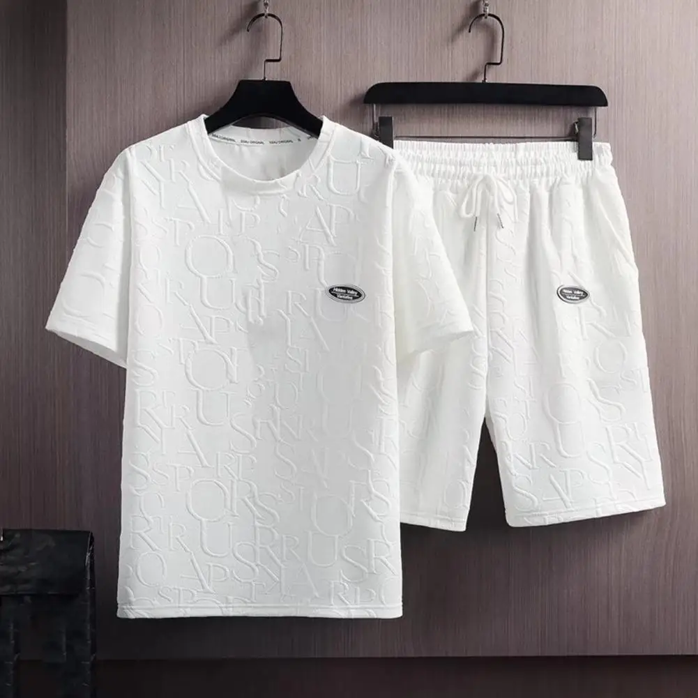 

Summer Solid Color T-shirt Shorts 2 Pieces Set Tracksuit Men's 3D Letters Vintage Streetwear Creative Pattern Men Short Outfits