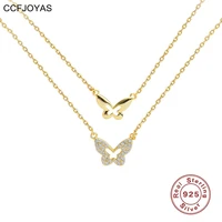 ccfjoyas 925 sterling silver double layer butterfly necklace for women simple ins gold silver color clavicle necklace jewelry