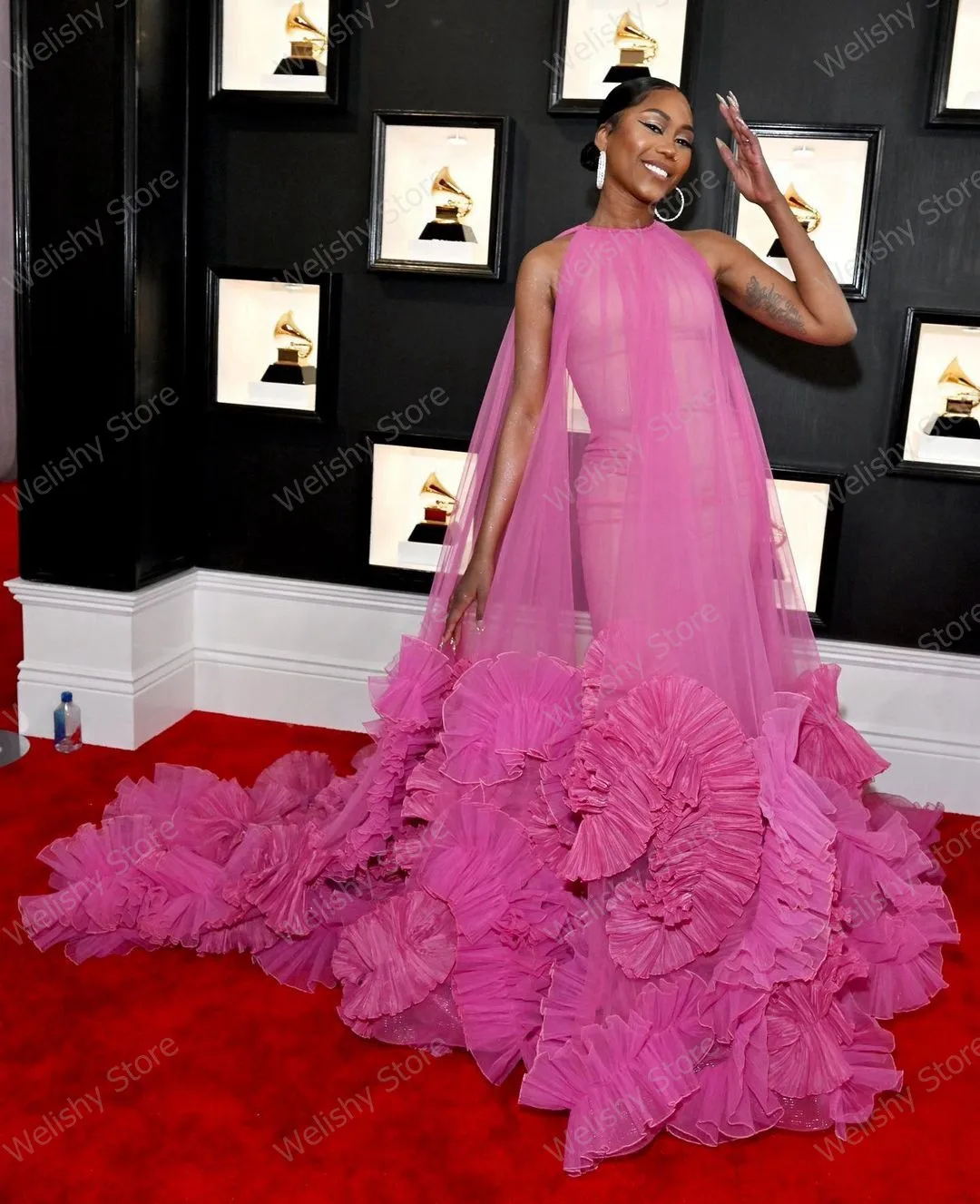 Женское прозрачное Тюлевое платье розово-красное Очаровательное с оборками