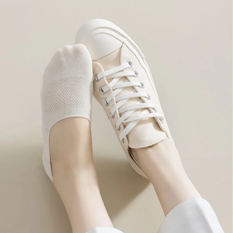 5pair Women Pure Cotton Socks Invisible Boat Mesh Summer Mujer Silicone Non-slip Ankle Low Cut Female Show Breathable Thin Sock