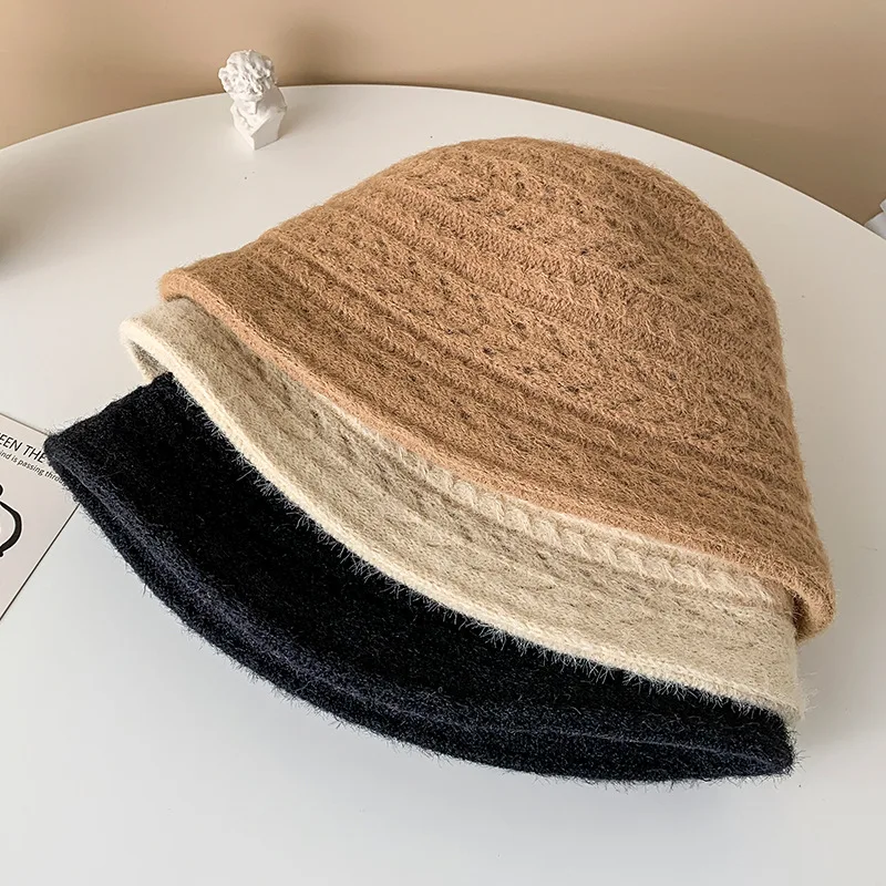 New 2022 Winter Warm Panama Hats for Women Bucket Cap Fisherman's Hat Retro Knitted Wool Basin Bucket Hat Coral Fleece Brown