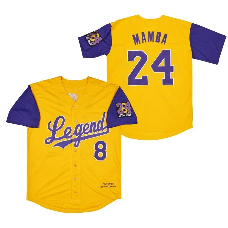 

baseball jerseys Legend 8 24 Mamba jersey Outdoor sportswear Embroidery sewing yellow Hip-hop Street culture Purple sleeves