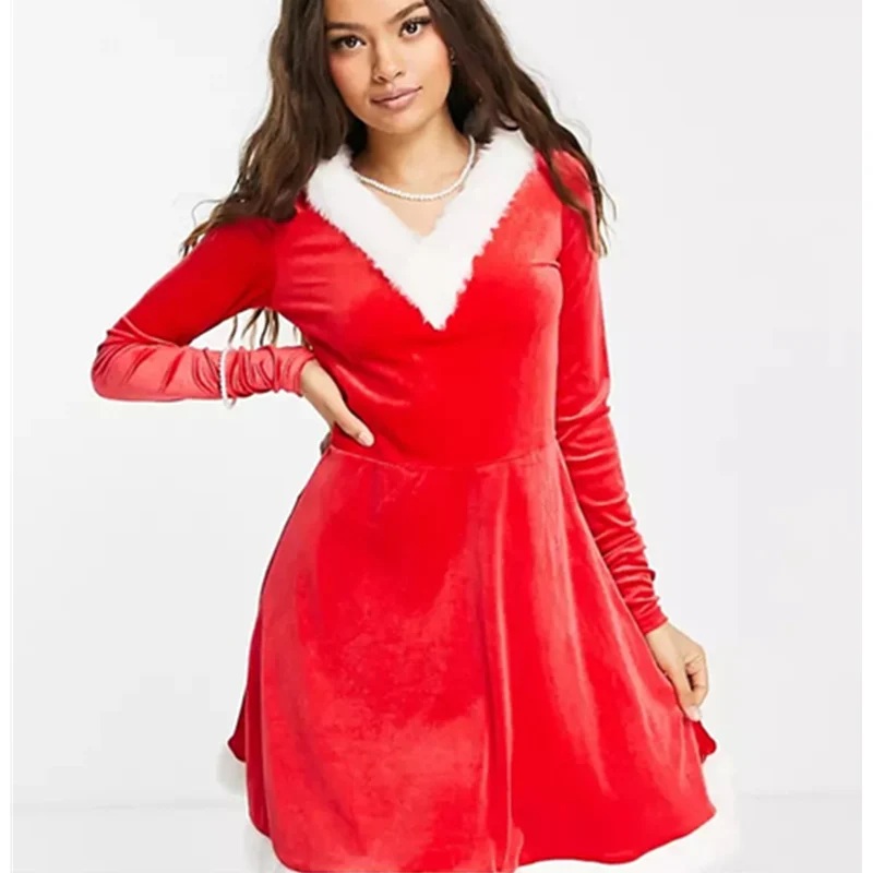 

Красное рождественское бархатное платье для матери и дочери с V-образным вырезом и длинным рукавом, с капюшоном, Рождественская семейная Од...