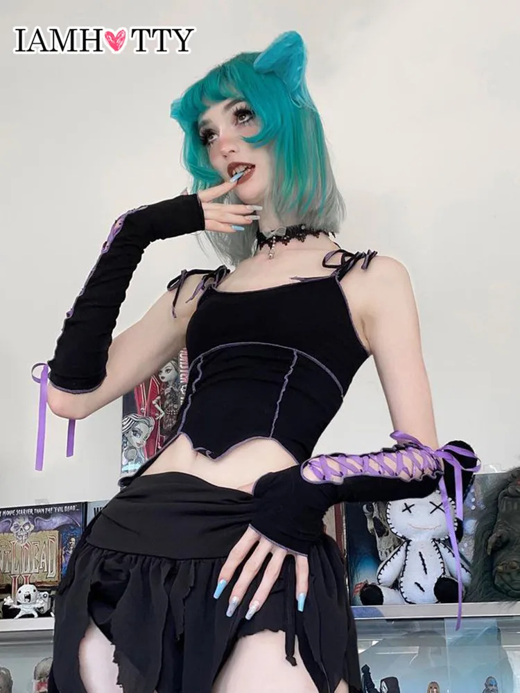 

IAMHOTTY Bandage Gothic Corset Women Dark Academia Camis with Gloves Two Piece Set Black Crop Top Vintage Grunge Bustier Tops