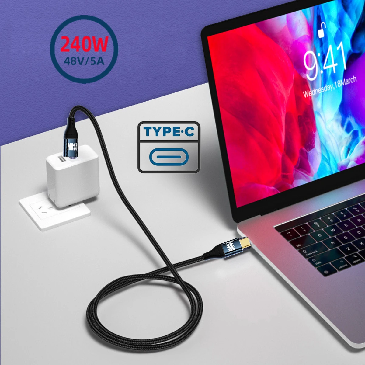 Кабель USB C Xiwai 240 Вт Type 480 Мбит/с 48 В 5 А совместим с зарядным устройством 100