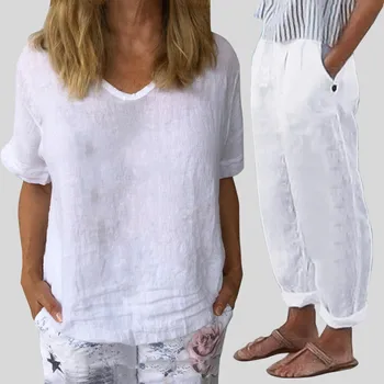 Imitation Cotton Linen Suit For Women'S Suits Tracksuit Short Sleeve Shirt Pants Set Female Casual Elegant Ladies 2 Piece Sets 1