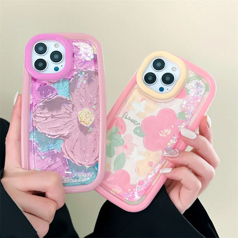 

Art Oil Painting Flower Liquid Quicksand Funda For iphone 11 14 Pro Max Case 12Pro 13 Soft Cover Glitter Airbag Anti-fall Coque