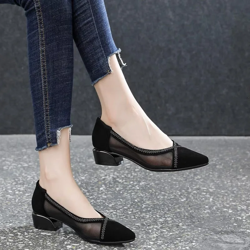 

Summer New Women's Shoes Pointed Toe Flat Bottom Mesh Single Shoes Hollow Mesh Shoes Shallow Heels